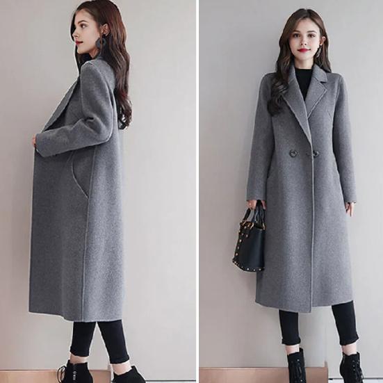 Women Jacket Turn-down Collar Pockets Solid Color Double-breasted Loose Fit Overcoat Thermal Long Sleeved Commuting Dating Spring Fall Winter Coat