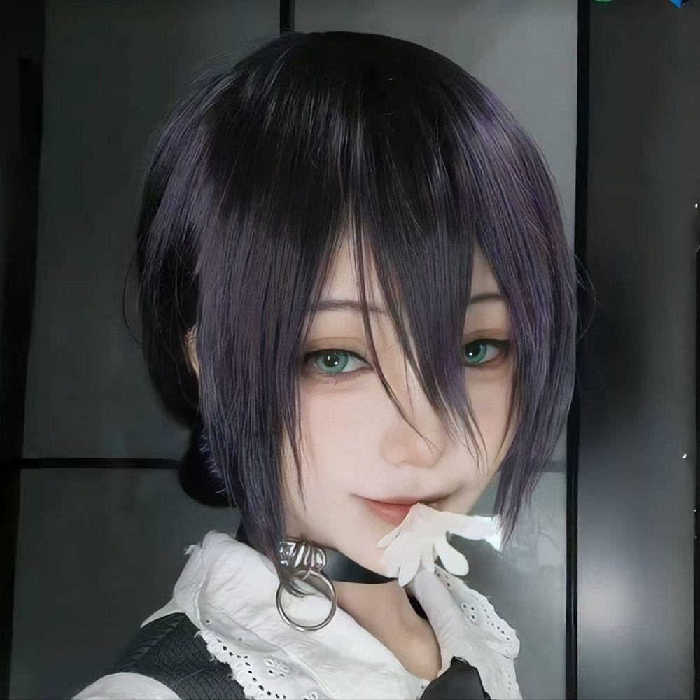 Anime Cosplay Wig, Reze Purple Low Bun Short Hair High-Temperature Fiber Synthetic Hairpiece