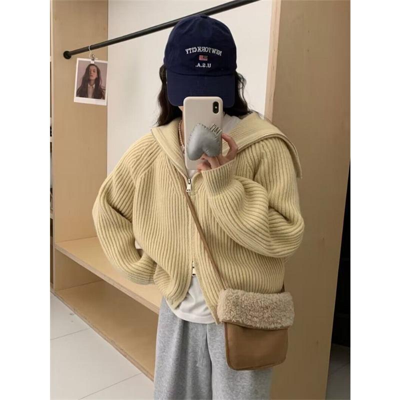 Simple zipper navy collar knitted cardigan women's autumn and winter new niche loose lazy sweater jacket