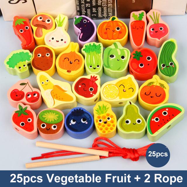 9-36Pcs Baby Wooden Toys Cartoon Fruit Animal Stringing Threading Wooden Beads Toy Monterssori Educational Toys For Kids