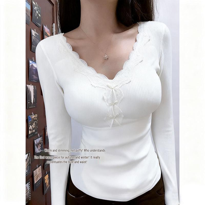 260g Cashmere Lace V-Neck Long Sleeve Women's Base Layer Top - Slimming, Brushed, Warm T-Shirt for Autumn Winter