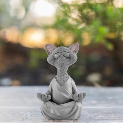 Náladová sivá figúrka mačky Buddha, meditačná joga zberateľská dekorácia Happy Cat