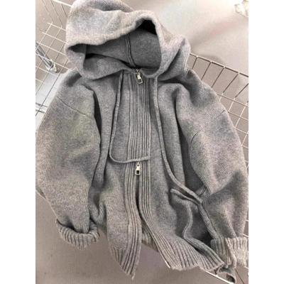 Gray Hood Sweater Outerwear Women Loose Spring Autumn Winter Outdoor Idle Sle Thickened Knitted Double Zipper Hoodie Cardigan