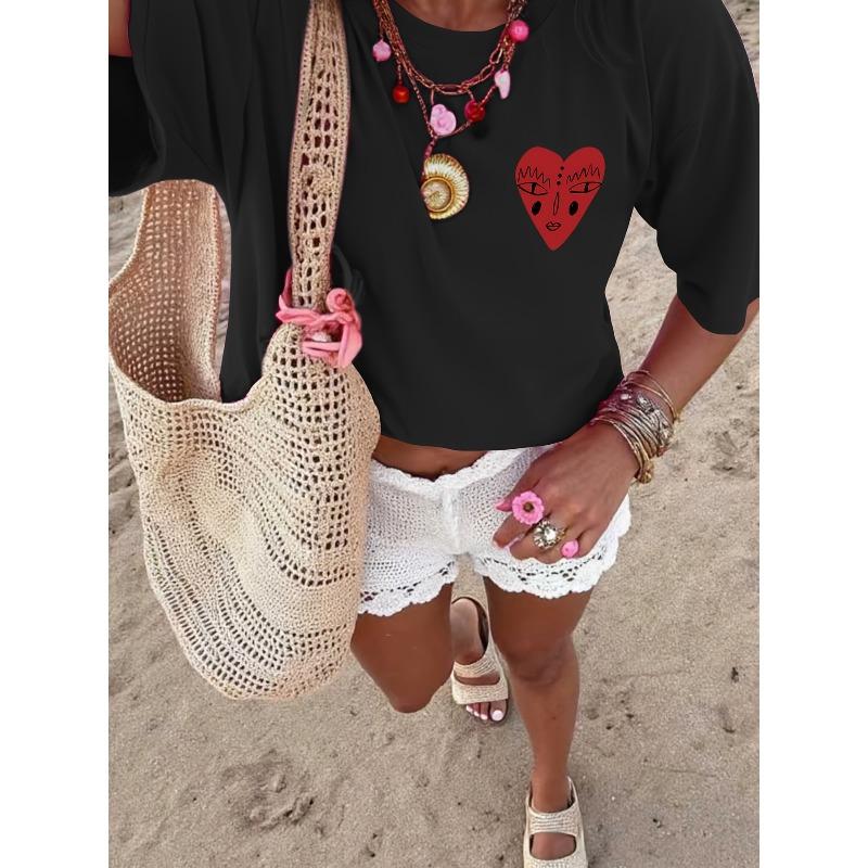 European sizes Fashionable Women'S Round Neck Heart Print Casual Summer T-Shirt | Cool Short Sleeves, Geometric Pattern, All-Season Comfort