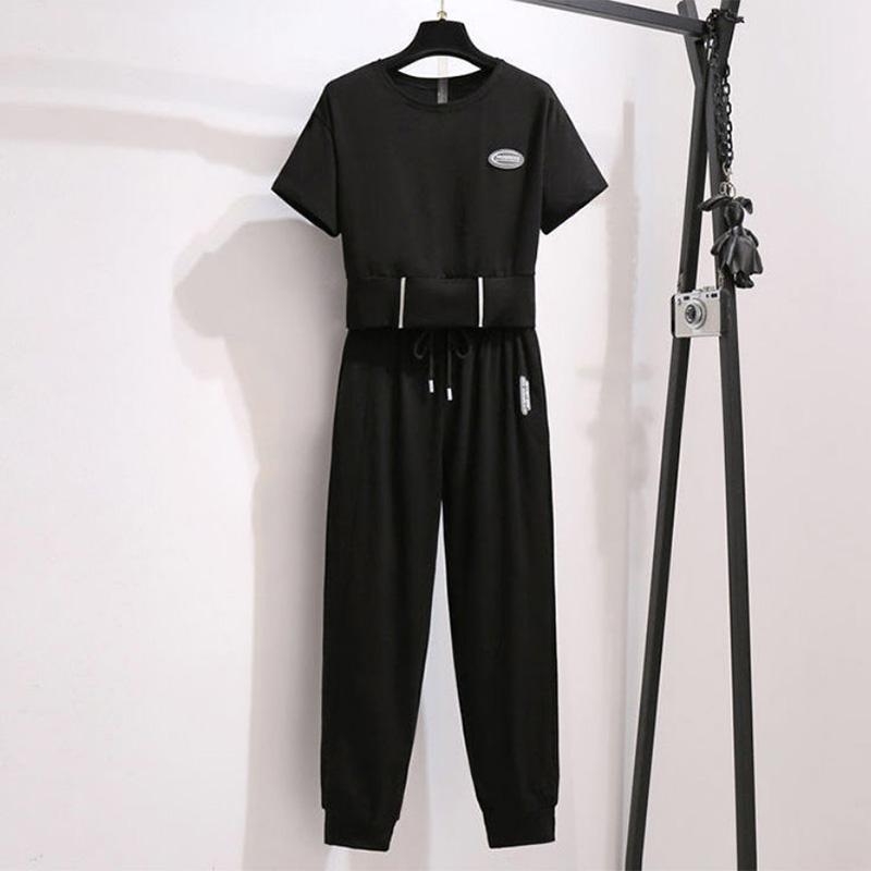 

Спортивный костюм женский, летний, повседневный, однотонный, с короткими рукавами, короткая свободная футболка, брюки с девятью точками на талии, комплект из двух предметов XXL