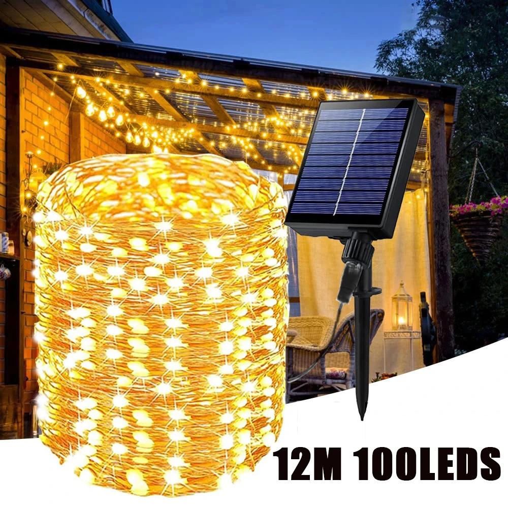 12M 100LED Solar String Fairy Lights Outdoor Path Garlands Lamp Patio Waterproof Christmas Wedding Yard Garden Street Lights