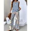 Women's Loose Fit Two Piece Outfit Sleeveless Tank Top High Waist Wide Leg Pants Set With 3D Abstract Print For Casual Summer Daily Wear