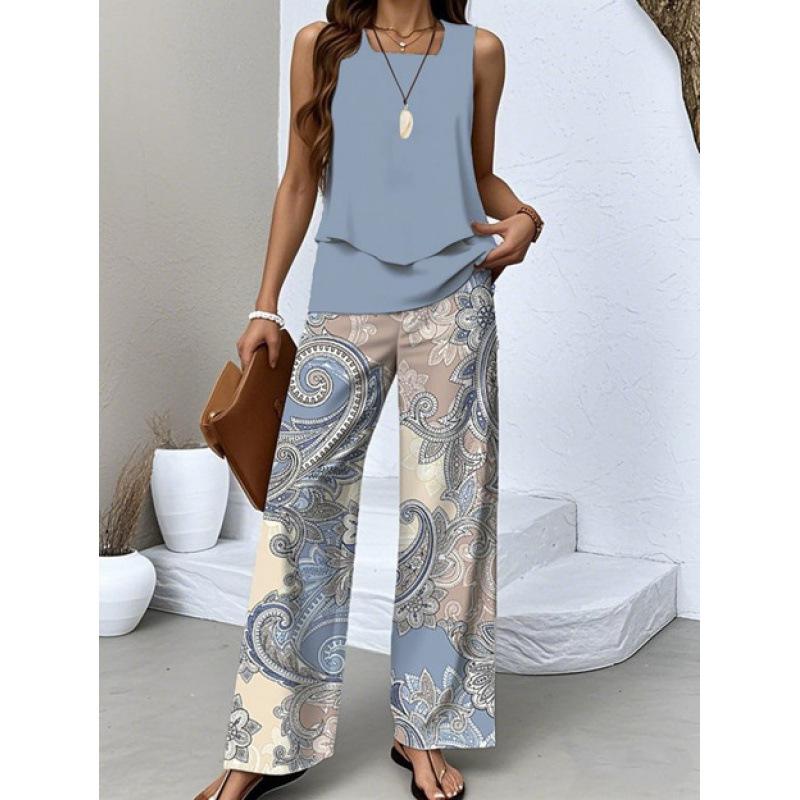 Women's Loose Fit Two Piece Outfit Sleeveless Tank Top High Waist Wide Leg Pants Set With 3D Abstract Print For Casual Summer Daily Wear