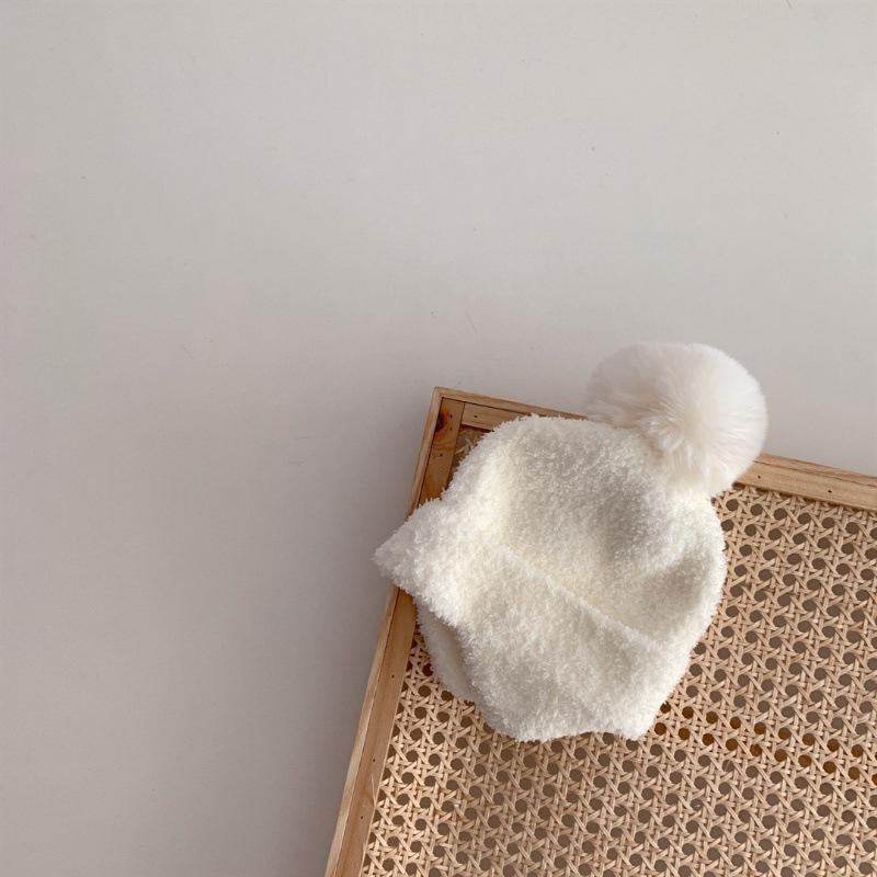 Pompom Plush Ball Baby Ear Protection Hat Solid Color Coral Velvet Kids Beanies Bonnet Winter Warm Children Earmuffs Cap 1-3years