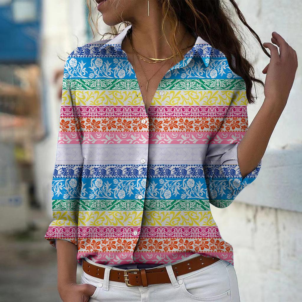 Damenbluse mit Streifenmuster Frühling Herbst Femme Büro Dame Button-Up Umlegekragen Hemden