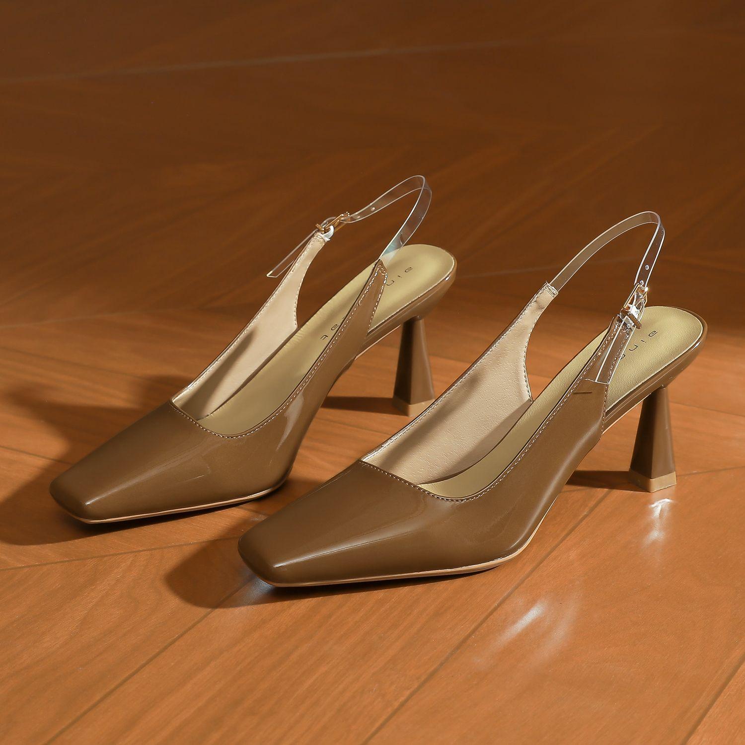 

78231 [sheepskin] high heels women s stiletto 2025 new transparent back strap sandals square head patent leather shoes 39