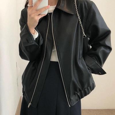 Chic Korean-Style Loose Fit Zipper Lapel Motorcycle Leather Jacket for Women