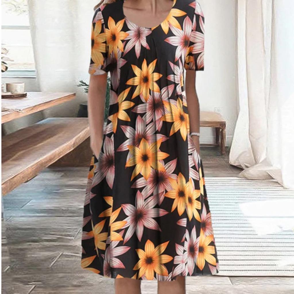 Women's Summer  Casual Fashion O-neck Short Sleeve Print Pullover Loose Dress