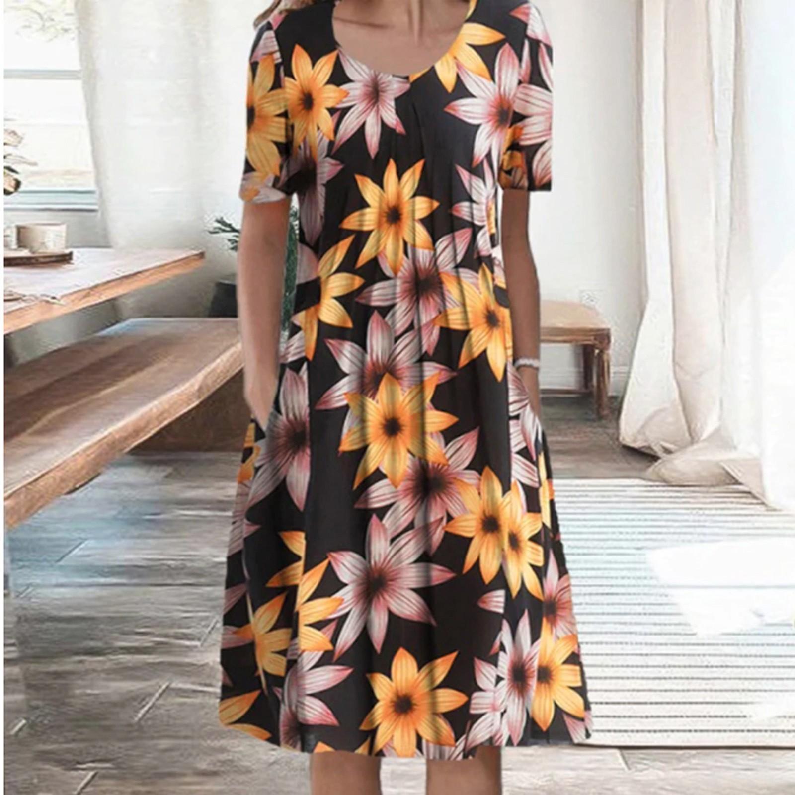 

Women s Summer Casual Fashion O-neck Short Sleeve Print Pullover Loose Dress XL жовтий