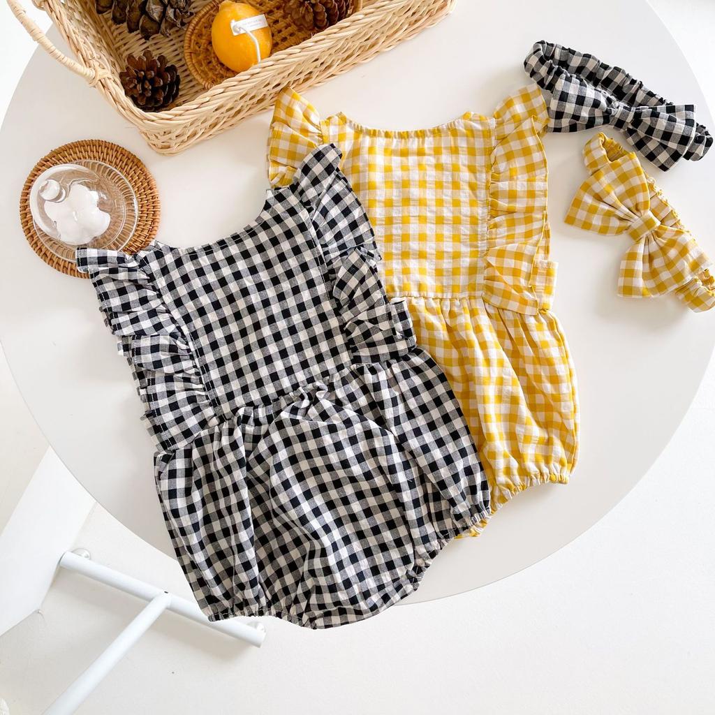 Summer Baby Girl Cotton Sleeveless Block Plaid Romper