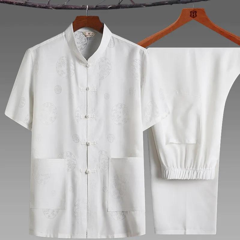 Summer Chinese Tang Suit Short-Sleeved Suit Men's Hanfu Kung Fu Shirt Tai Chi Solid Color Cotton Linen Layman's Clothing Summer Linen Suit