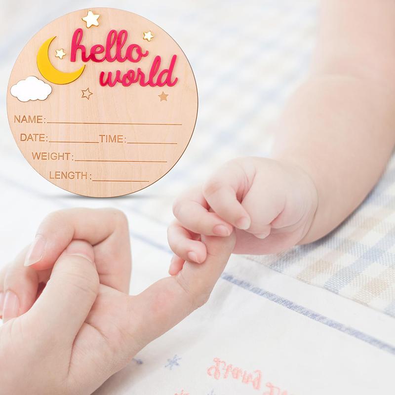 Wooden Hello World Newborn Sign, Cute Birth Announcement Board Baby Announcement