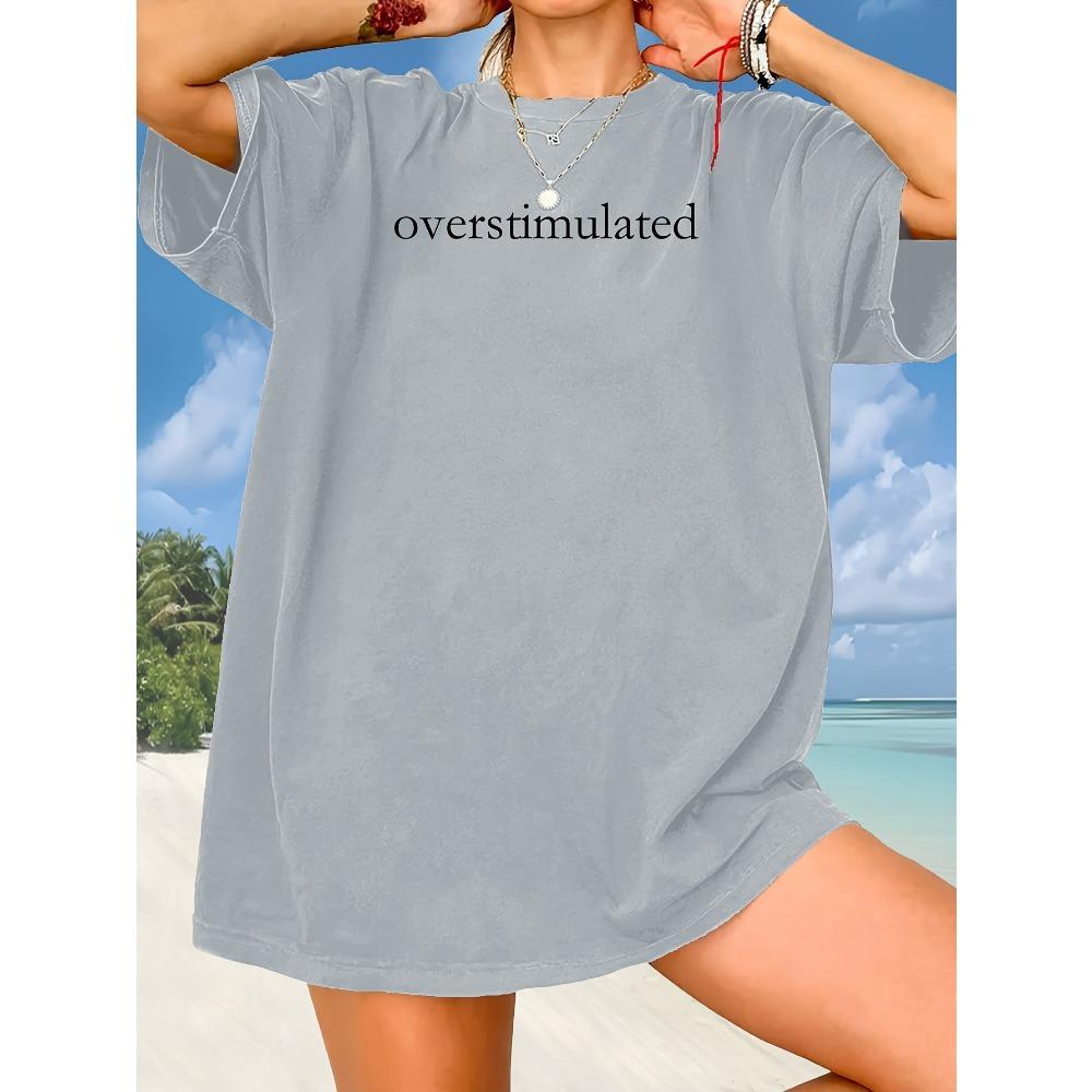 

Women Cotton Short Sleeves T-shirts Overstimulated Women s Tee Minimalist Text Graphic Dark Gray Top 3XL