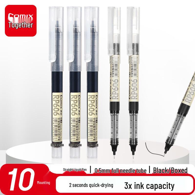 Comix RP606 0.5mm Direct Liquid Gel Pen, Black (10-Pack)
