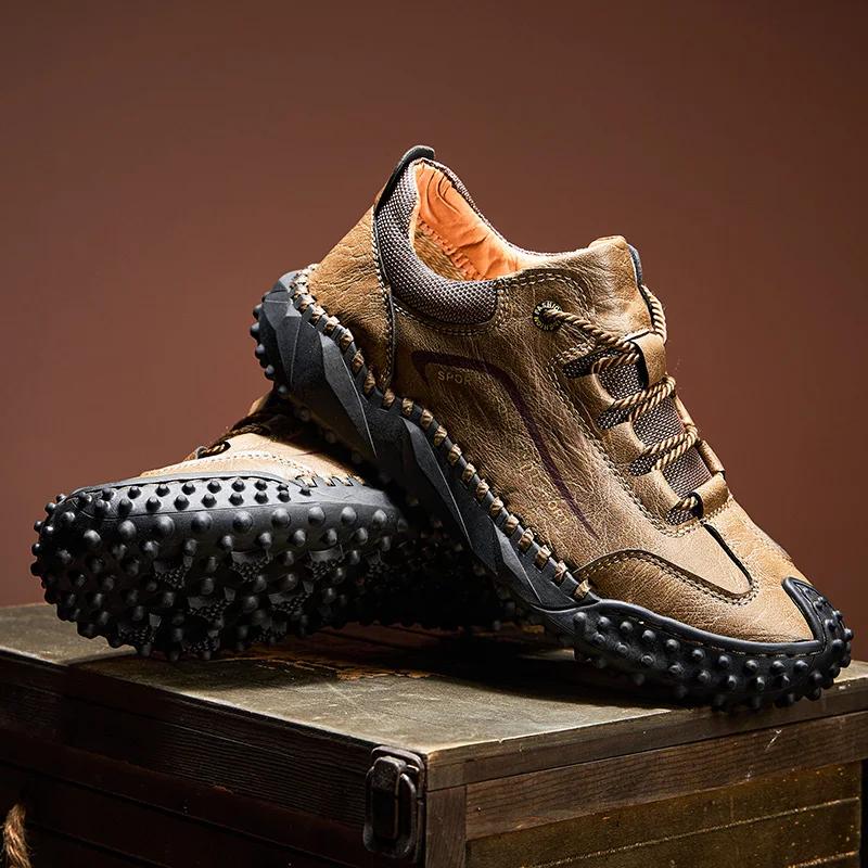 Large-sized Hand-stitched Casual Men's Shoes, Outdoor Anti-slip and Wear-resistant Men's Leather Shoes