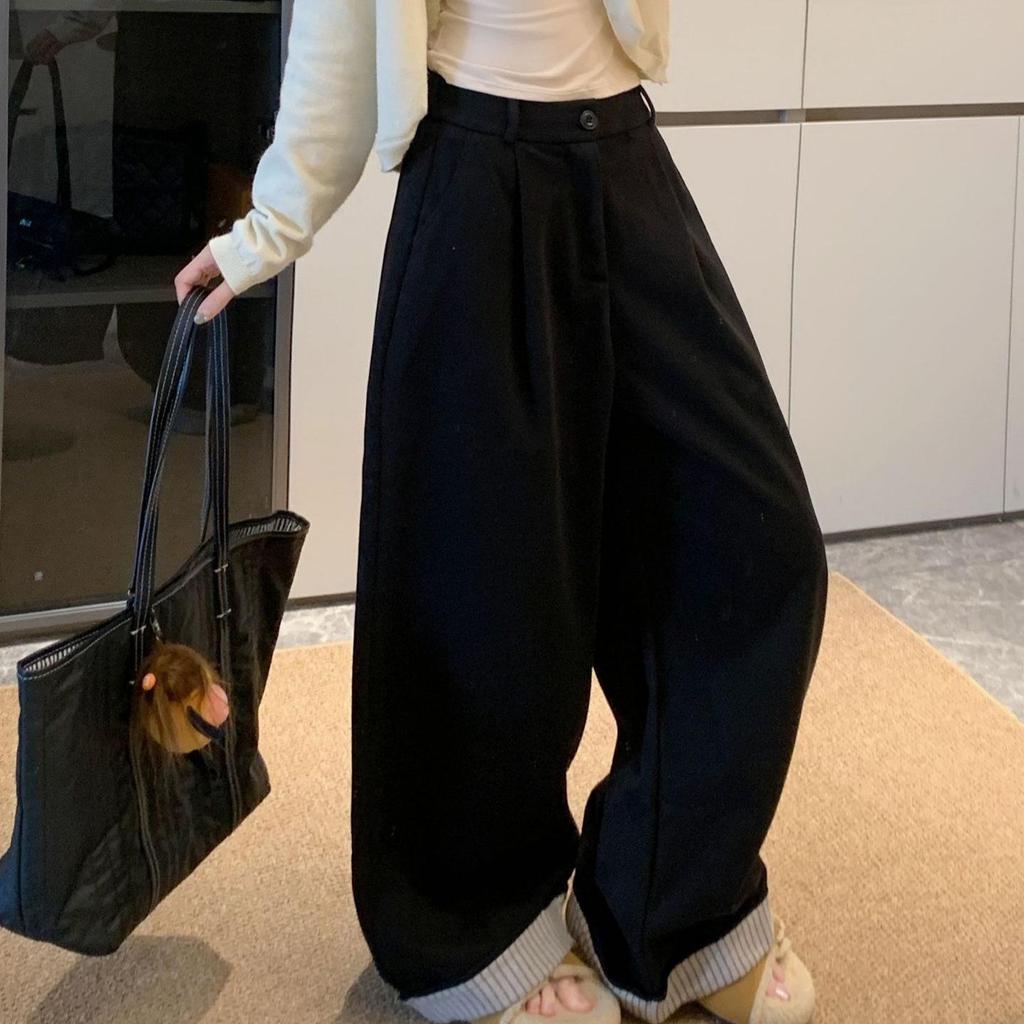 Women's Plus Size High-Waisted Wide-Leg Wool Pants - Loose, Cuffed, and Thickened for Autumn/Winter