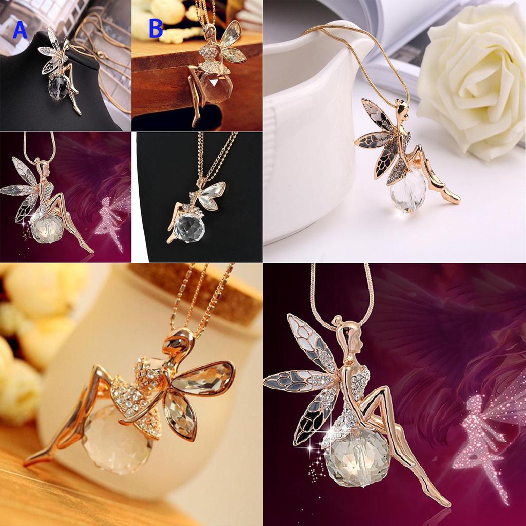 Elegant Fashion Women Crystal Fairy Angel Wing Pendant Long Chain Necklace Gift