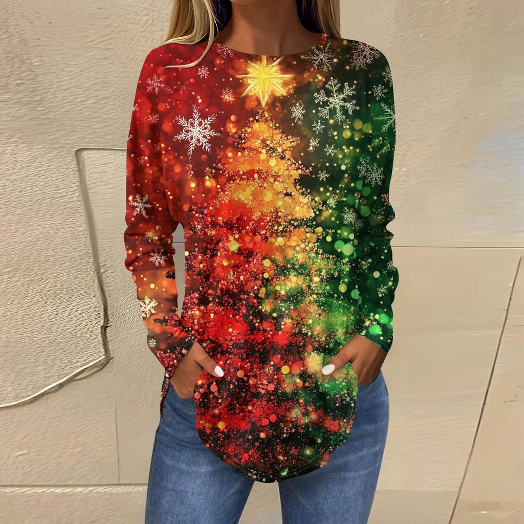 3D Gradient Color Christmas Tree Print Round Neck Long-sleeved T-shirt Casual Long-sleeved Top