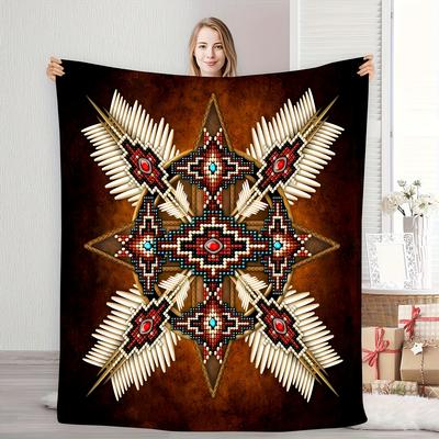 Aztec Tribal Print Flannel Blanket Brown Red Blue Accents Anti Tear All Season Throw for Couch Sofa Home Decor
