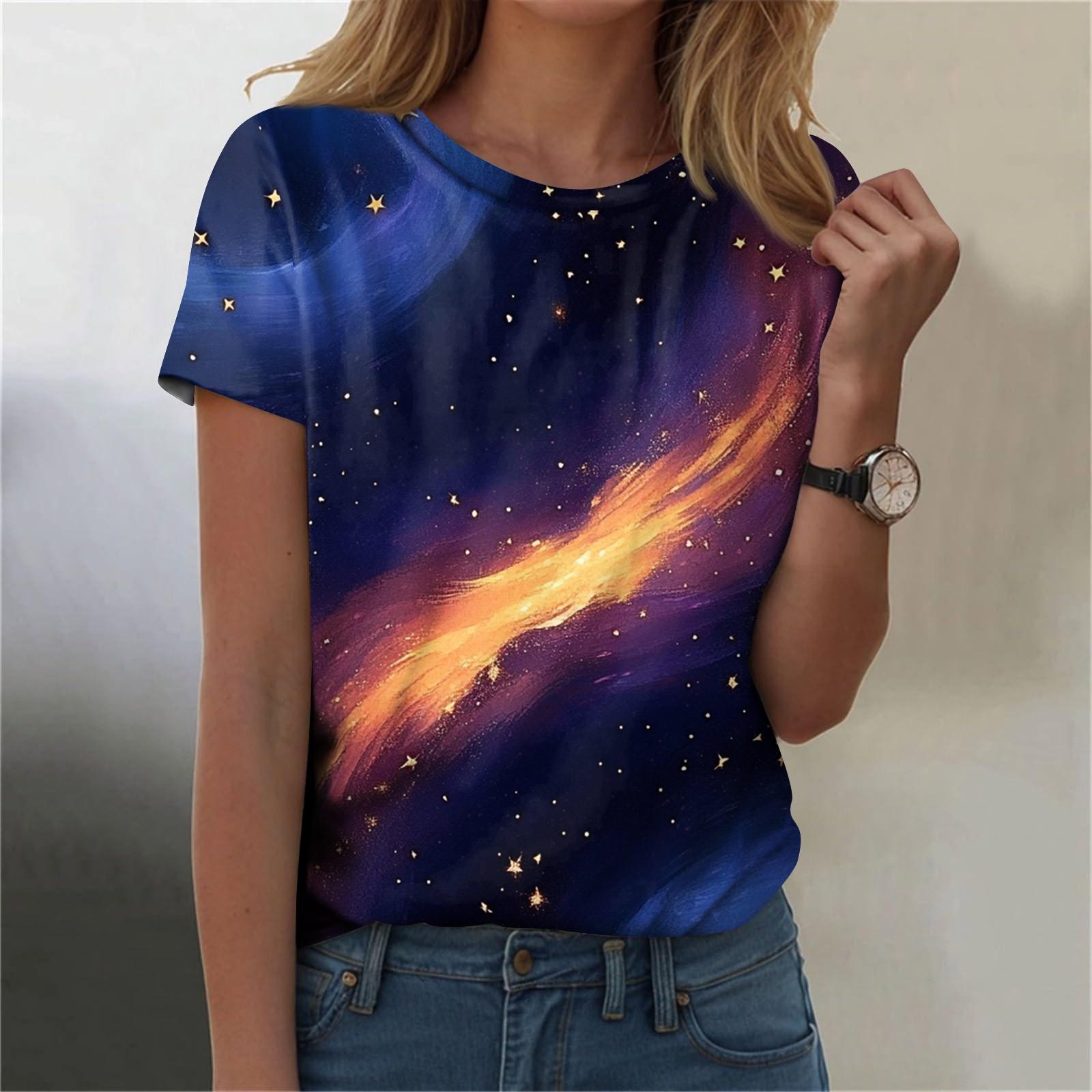 

Жіноча модна повсякденна футболка з круглим вирізом і короткими рукавами з небесним принтом Топ-футболка L синій