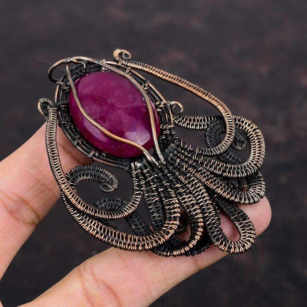 Faceted Kashmir Ruby Pendant Copper Wire Wrapped Pendant Handmade Octopus Pendant Genuine Gemstone Pendant Gift For Her Copper Wire Jewelry
