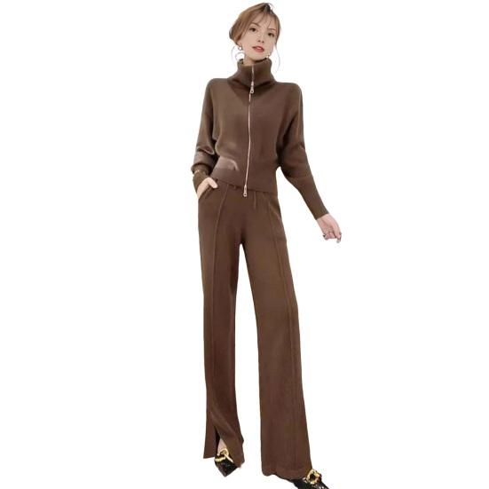 2 Piece Outfits for Women Long Sleeve Zip-up Top And High Waisted Wide Leg Pants Set Slim Fit Casual Lounge Tracksuit
