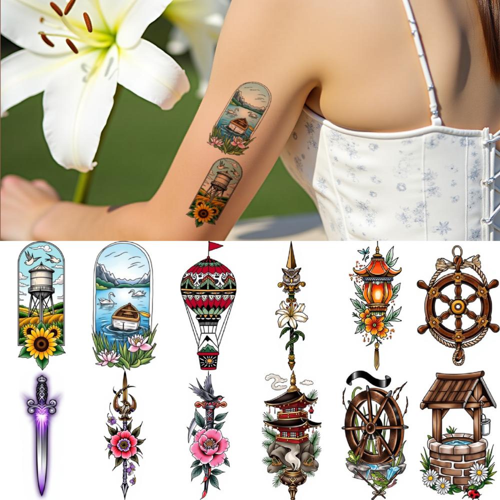 28pcs Temporary Tattoo New School Traditional Landscape Tattoo Skull And Flame Tattoo Hot Air Balloon Tattoo For Chest Women