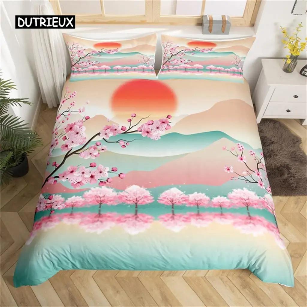 Set Biancheria da Letto Fiore di Ciliegio Giapponese Pittura Paesaggistica Set Copripiumino Stile Copripiumino Poliestere Coperta Trapuntata Artistica Camera da Letto