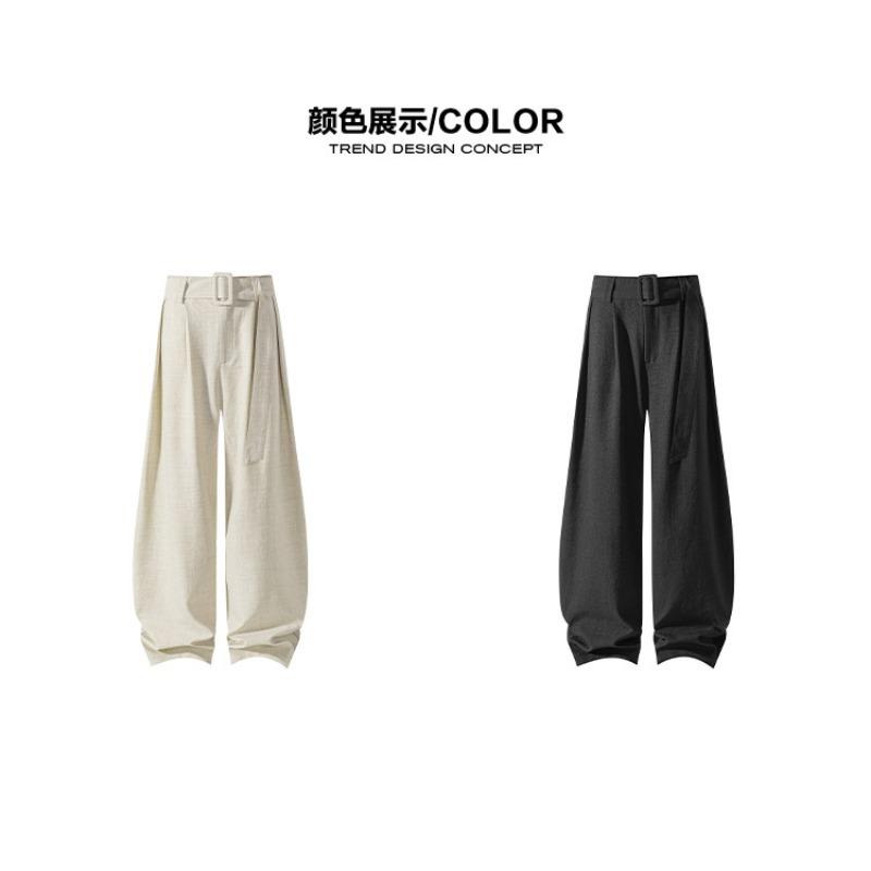 Men Loose Wide Leg Linen Like Curved Cut Casual Long Pants