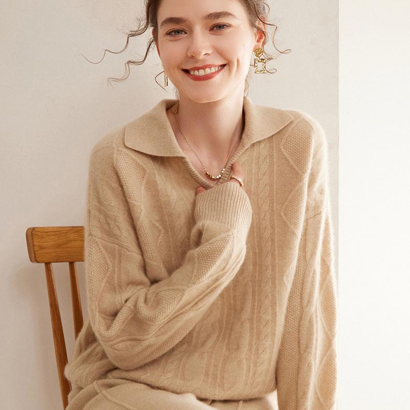 Women's Long Sleeve Three-Strand Twisted Cashmere Polo Sweater - Soft, Loose, Fashionable, and Skin-Friendly
