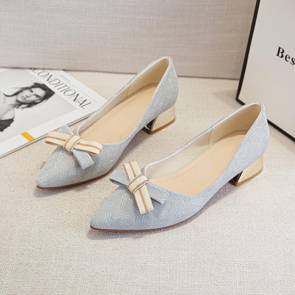Single Shoes Women's Summer New Thick Heel Middle Heel Pointed Head Professional Fairy Bow Large Size 40-43 Pumps Women