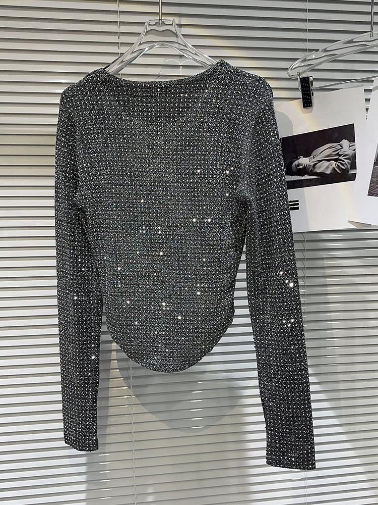 Casual Diamond Bright Design Long Sleeve T-shirt For Women Irregular Round Neck Simple Top 2026 Autumn Female New 11XX5835
