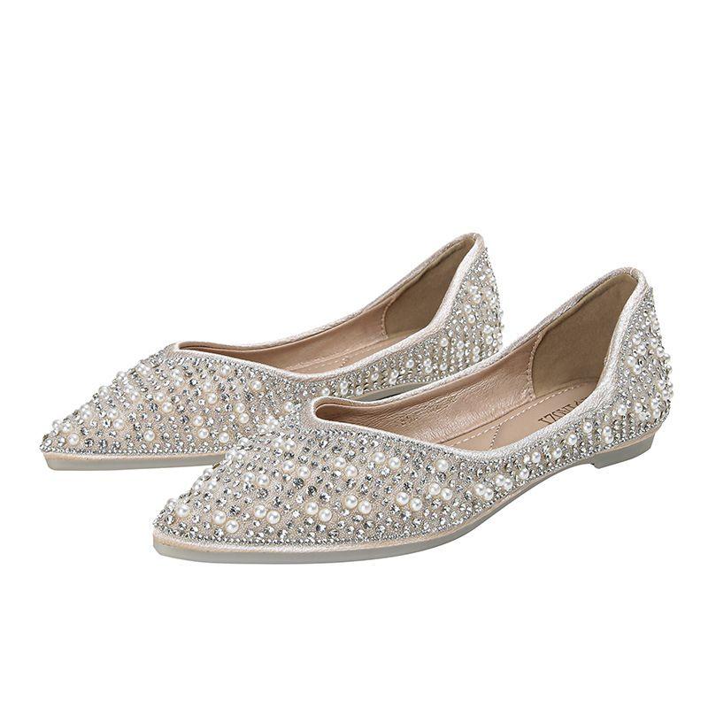 Rhinestone Pointed Single Shoes Women's Summer Flat-soled Shallow-mouth Laden Shoes Soft-soled Large-size Women's Shoes