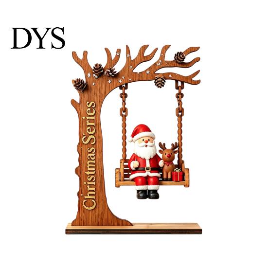 Artisanal Wood Christmas Decor Wooden Swing Ornament with Santa Claus/Bear for Christmas, Tabletop Rustic Home Accents Claus Figurine Living