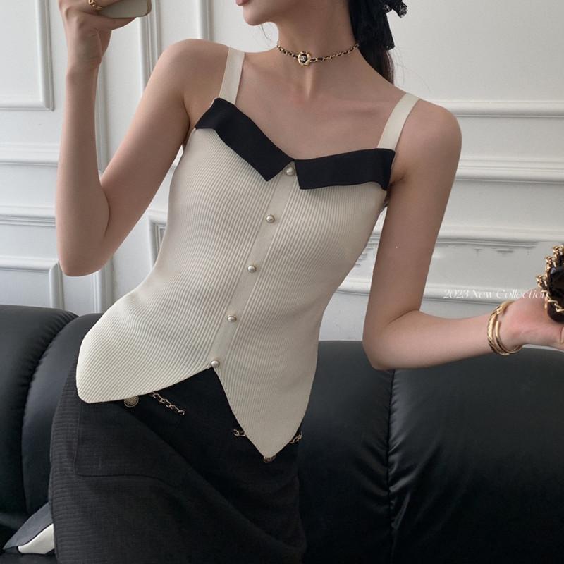 

Новый летний сладкий и пряный дизайн топов, нижнее белье, французский контрастный цвет, вязаный жилет на подтяжках для женщин One size