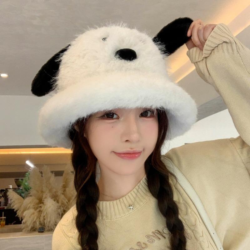 Women Students Cute Plush Dog Long Ear Bucket Hat Autumn Winter Warm Windproof