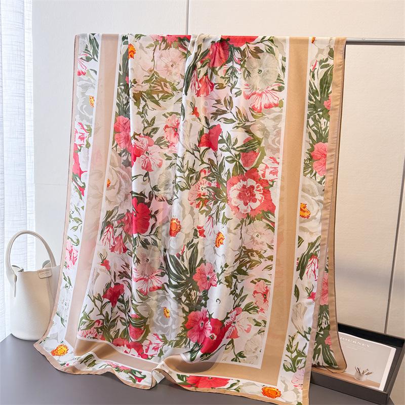 Thin Printing Simulation Silk Brocade Sunscreen Colorful Flower Silk Scarf Long Scarf Shawl Versatile Headscarf Scarf