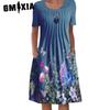GMXIA 30 Color Pleated Midi Dress Short Sleeve Round Neck Loose Hem Mid-Calf Length Women Floral A-Line Party Dress Casual Wear