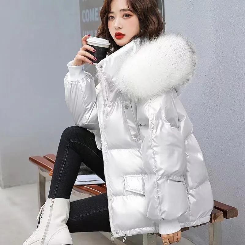 Women's Winter Warm Duck Down Jacket Clothes Glossy Fur Collar Thicken Parka Short Down Coat