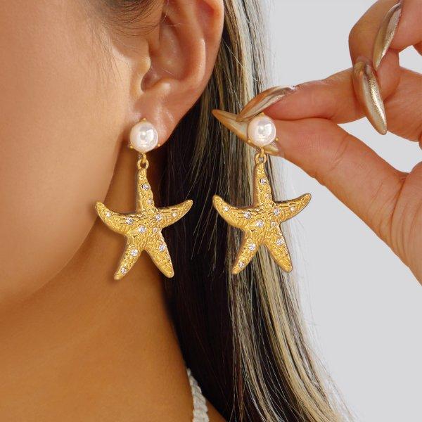 Bohemia Gold Color Starfish Hoop Earring for Women Vintage Exaggerate Metal Big Starfish Earring Beach Party Daily Wear Jewelry