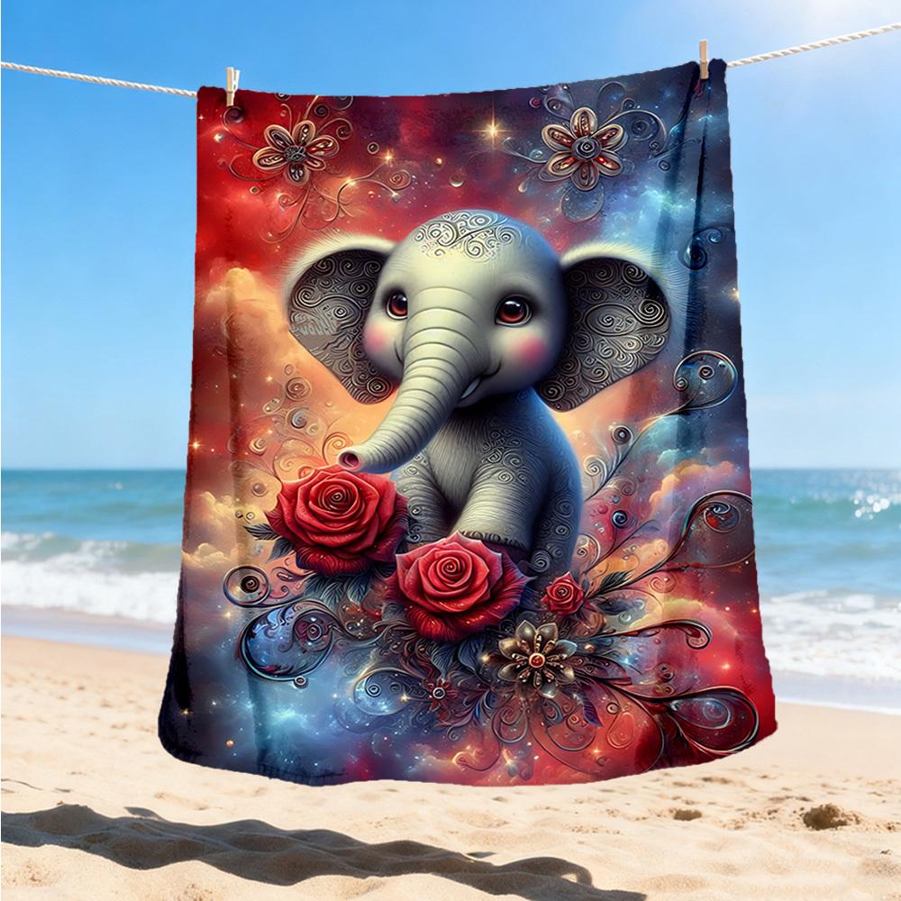 1pc Elephant Roses Fantasy Outdoor Flannel Blanket , Machine Washable Perfect Gift for Birthday , Holiday Travel Accessory , Durable Material
