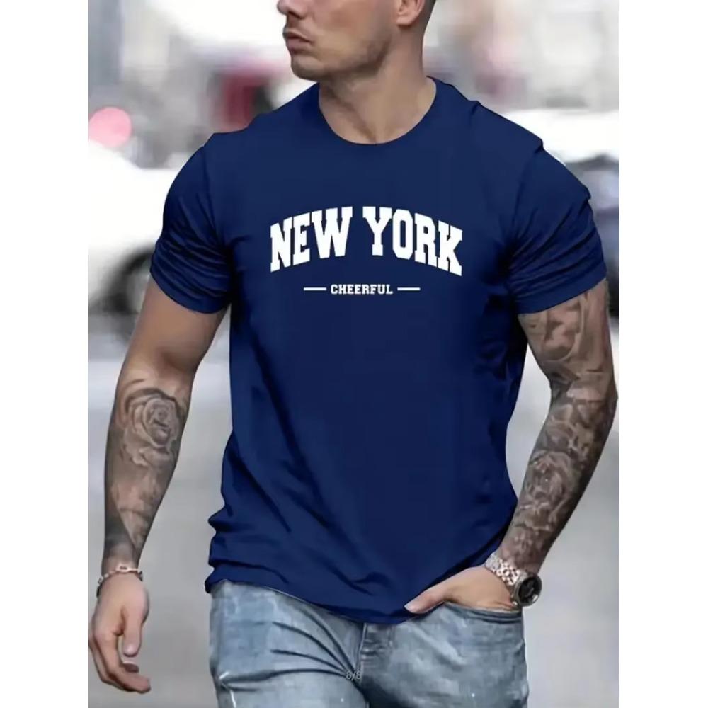 New York Print Men's Round Neck Short Sleeve Tee Fashion Slim Fit T-Shirt Top For Spring Summer Holiday