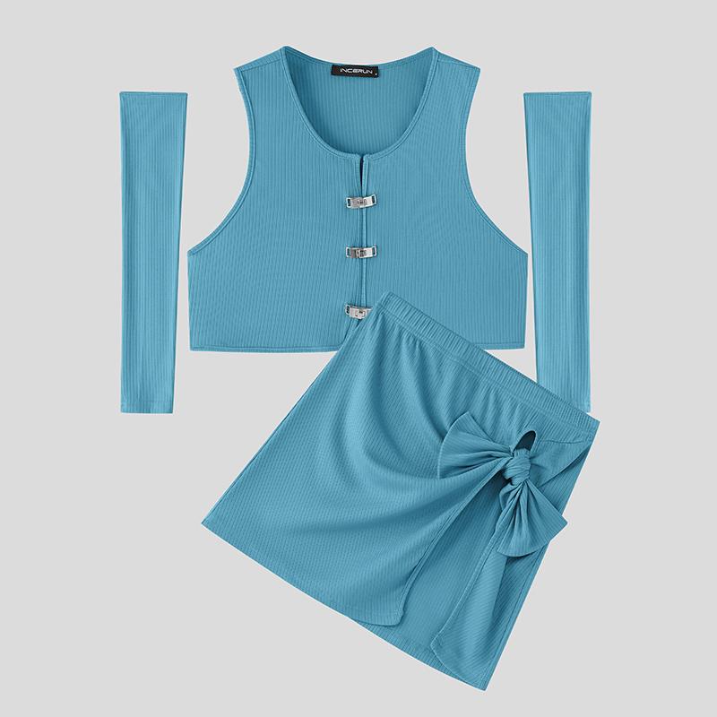 

INCERUN 2 шт. Комплекты из двух предметов: укороченные топы без рукавов с накладными рукавами и разрезами по бокам, мини-юбки 5XL синий