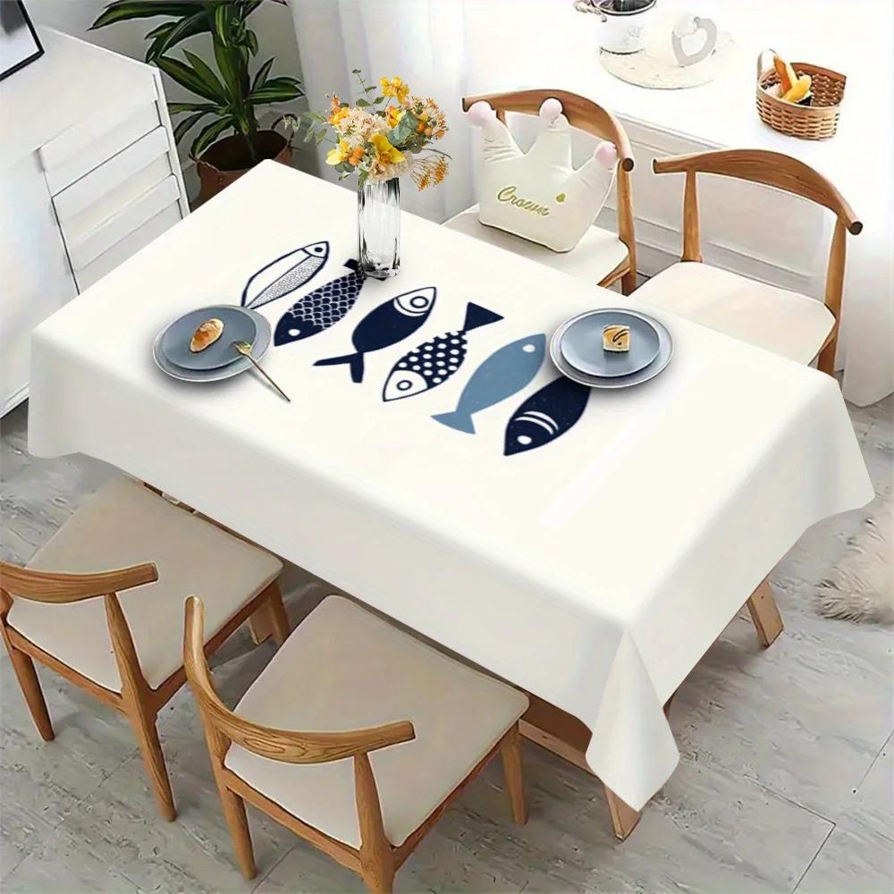 with Chic Blue Fish Pattern Polyester Tablecloth - Ideal for Picnics, Holidays, Vintage Home & Dining Table Decor