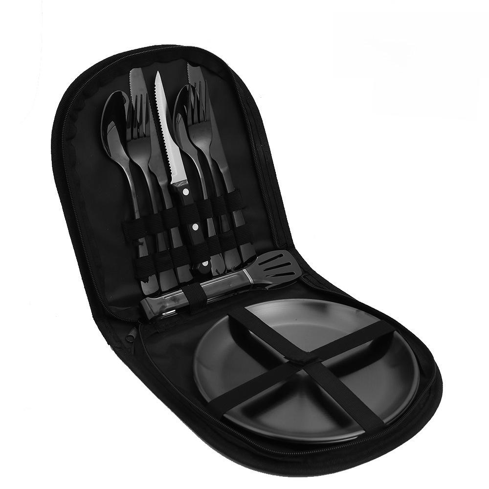 Set de tacâmuri de exterior din oțel inoxidabil cu cuțit, furculiță, lingură și pungă de pânză